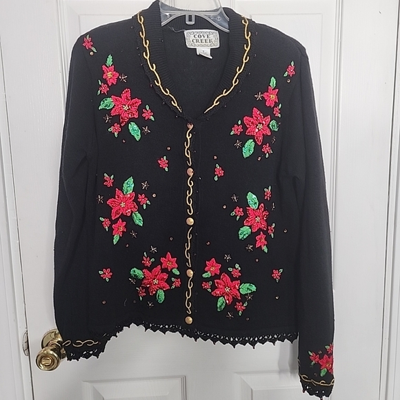 cove creek Sweaters - Cove Creek Sequin Poinsetta Sweater Cardigan Small